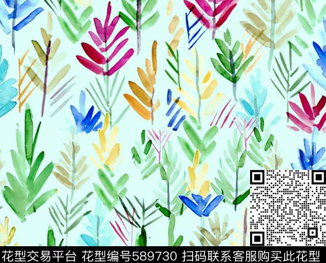 手绘热带叶子 - 589730 - 叶子 热带 手绘 - 数码印花花型 － 泳装花型设计 － 瓦栏