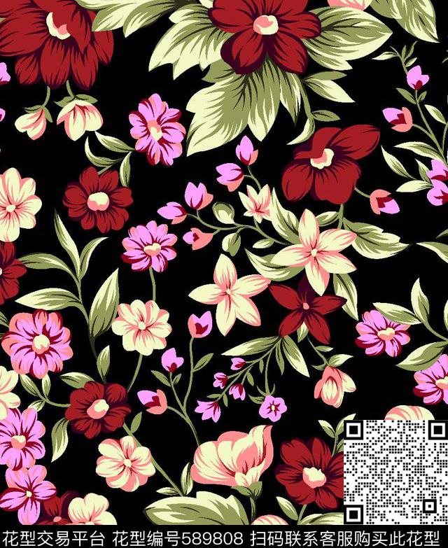 flowers - 589808 - textile design printing - 传统印花花型 － 箱包花型设计 － 瓦栏
