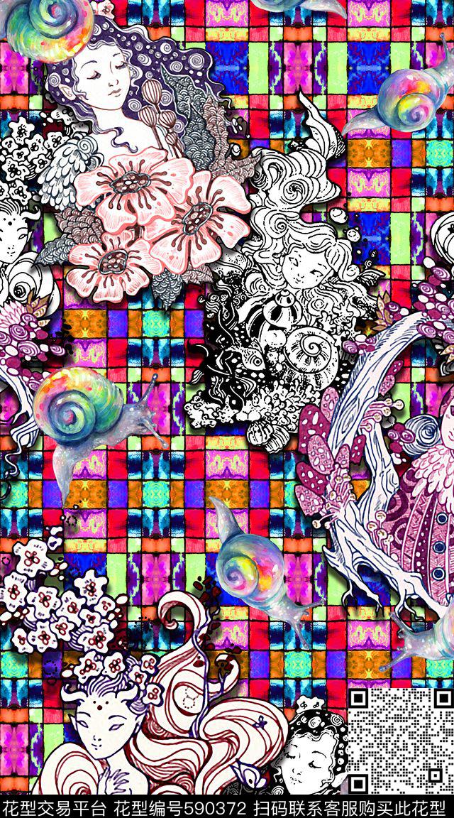 趣味多彩线描海女 - 590372 - 几何 线描 神话人物 - 数码印花花型 － 女装花型设计 － 瓦栏