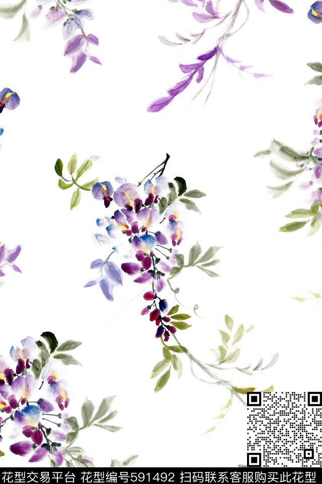 清新水彩紫藤花花型 - 591492 - 手绘 花卉 水彩 - 数码印花花型 － 女装花型设计 － 瓦栏