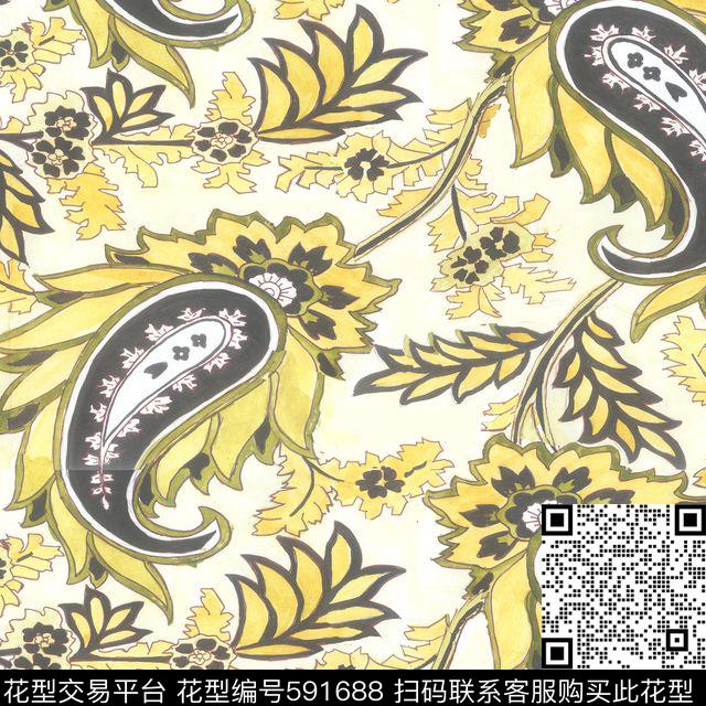 小花叶相望 - 591688 - 古典 佩斯利纹样 - 数码印花花型 － 沙发布花型设计 － 瓦栏
