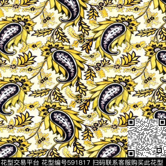 印花 - 591817 - 古典 佩斯利纹样 - 数码印花花型 － 沙发布花型设计 － 瓦栏