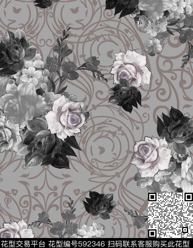 素雅2 - 592346 - 沙发布（花卉） 沙发布（欧式纹理） 花朵 - 数码印花花型 － 沙发布花型设计 － 瓦栏