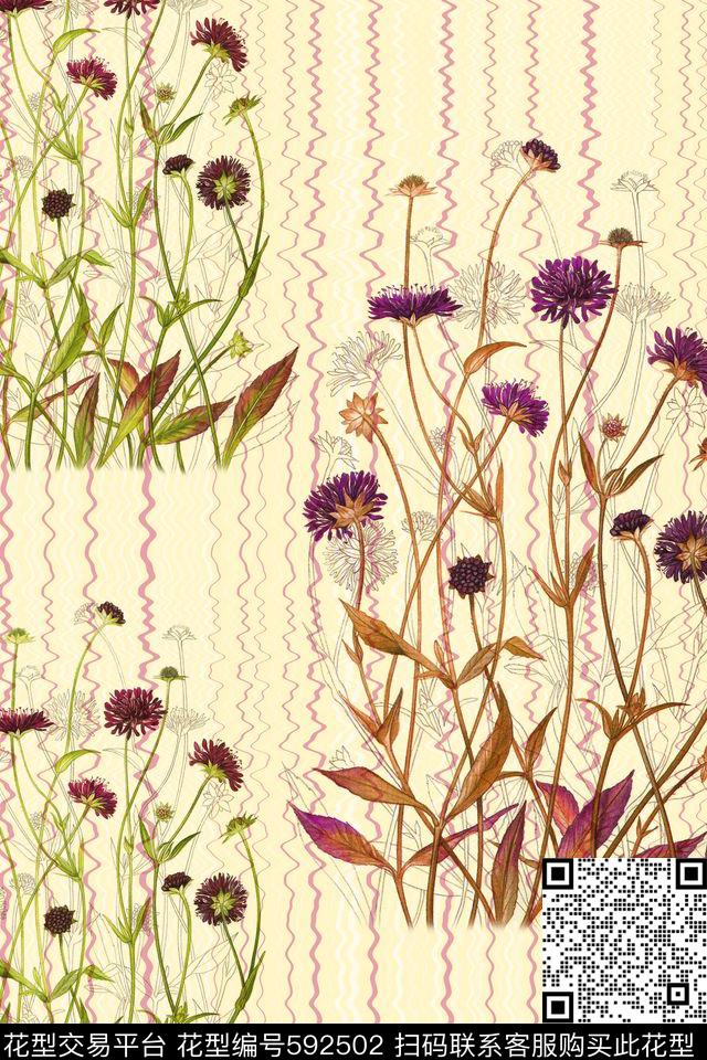 水波花卉组合2.jpg - 592502 - 线描花卉 花卉 花朵 - 印花花型 － 女装花型设计 － 瓦栏