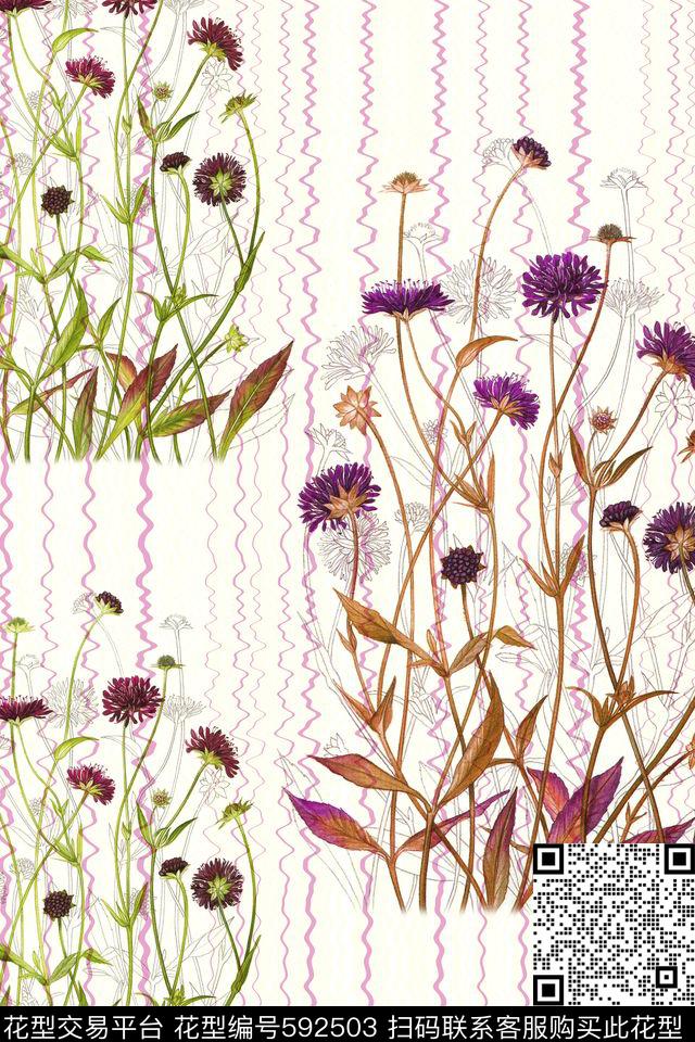 水波花卉组合2.jpg - 592503 - 线描花卉 花卉 花朵 - 印花花型 － 女装花型设计 － 瓦栏