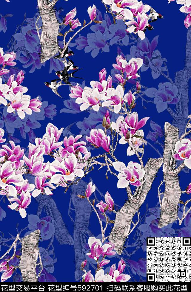 时尚手绘中国风工笔画 - 592701 - 旗袍 中国风 时尚潮流印花 - 数码印花花型 － 女装花型设计 － 瓦栏