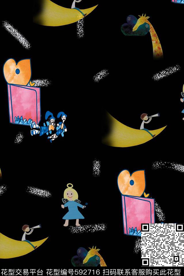 趣味小人动物.jpg - 592716 - 长颈鹿 夜空 小人 - 数码印花花型 － 女装花型设计 － 瓦栏