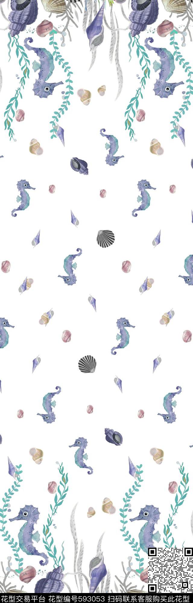 最新时尚水彩海底生物 - 593053 - 海底 生物 海马 - 数码印花花型 － 长巾花型设计 － 瓦栏