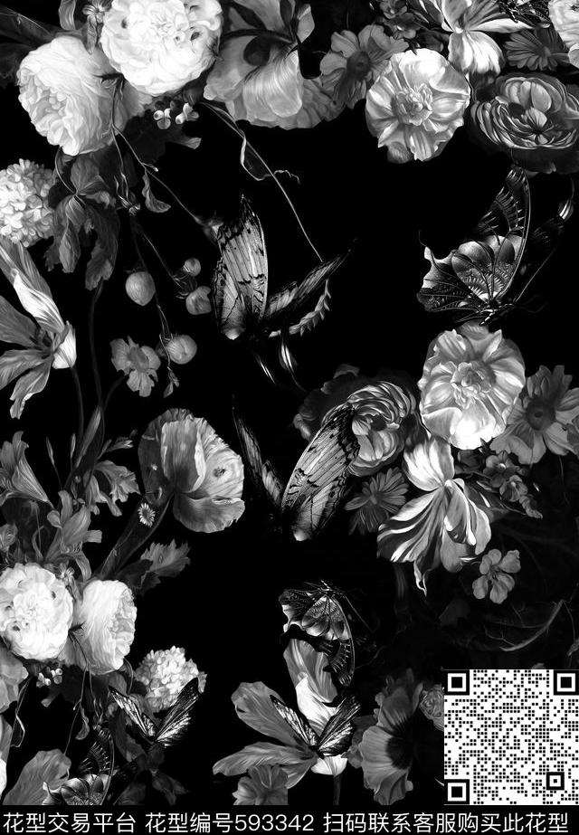 暗黑花卉 - 593342 - 暗黑花卉 深沉 原创 - 数码印花花型 － 女装花型设计 － 瓦栏