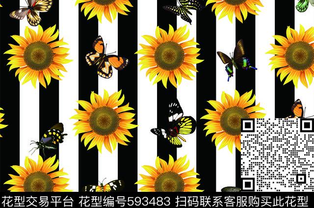 条纹向日葵.tif - 593483 - 向日葵 花朵 花卉 - 传统印花花型 － 女装花型设计 － 瓦栏