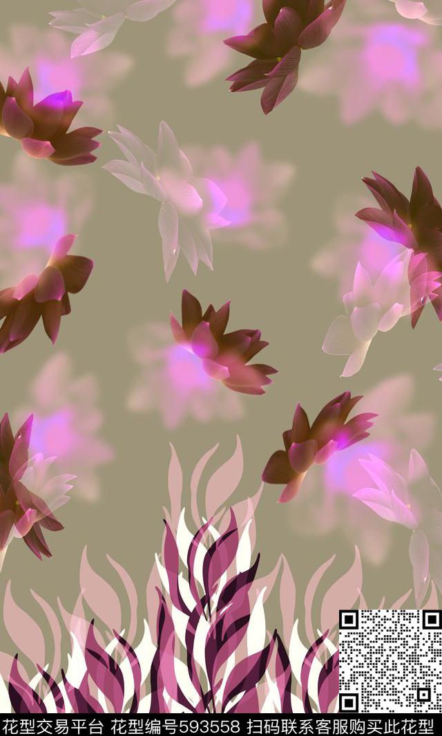 数码花卉几何定位 - 593558 - 定位 花卉 简单植物图形 - 数码印花花型 － 女装花型设计 － 瓦栏