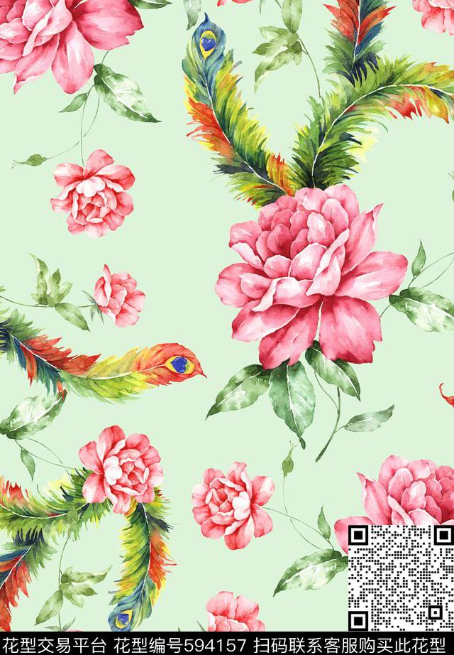 最新时尚水彩花卉羽毛 - 594157 - 玫瑰 花朵 花卉 - 数码印花花型 － 女装花型设计 － 瓦栏