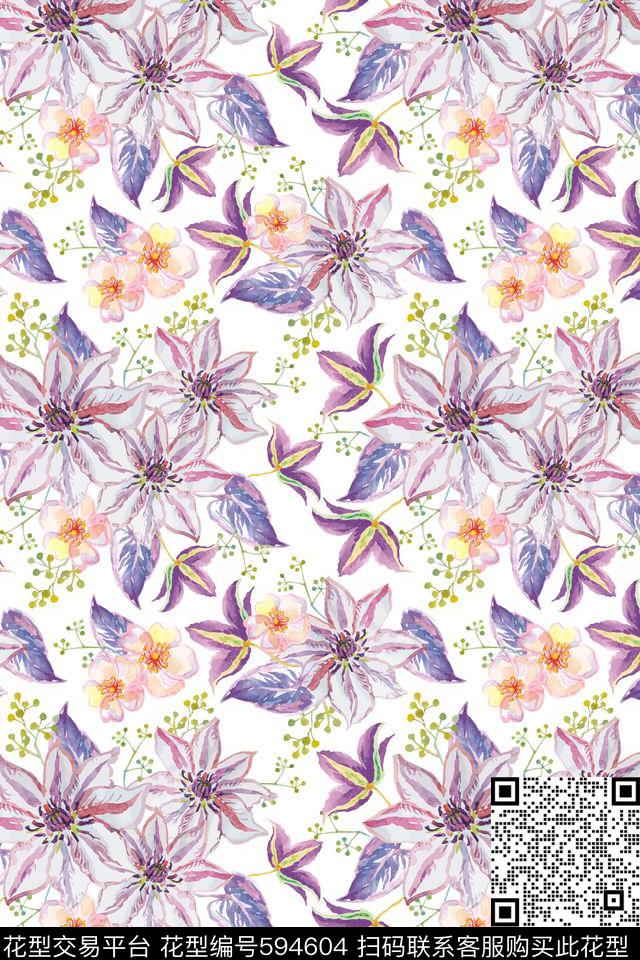 满版水彩花卉衬衫花卉 - 594604 - 乱花 花朵 花卉 - 数码印花花型 － 沙发布花型设计 － 瓦栏