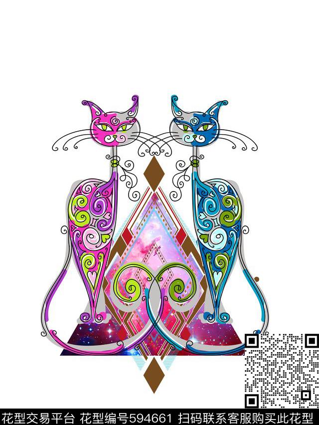 定位女装彩色猫三角体胸花.tif - 594661 - 菱形 三角形 猫 - 数码印花花型 － 女装花型设计 － 瓦栏