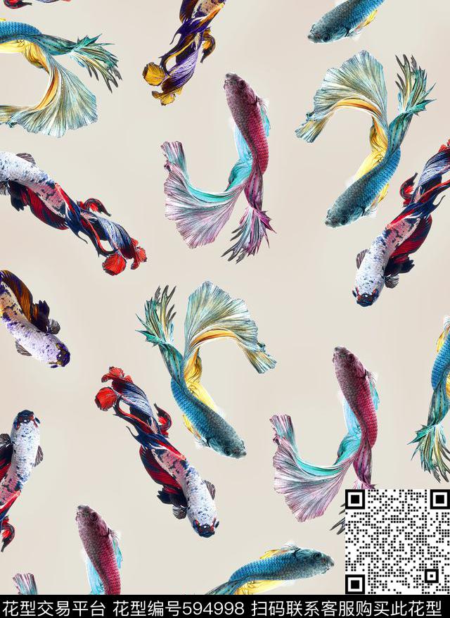 最新时尚水彩多彩金鱼 - 594998 - 鱼 动物 金鱼 - 数码印花花型 － 女装花型设计 － 瓦栏