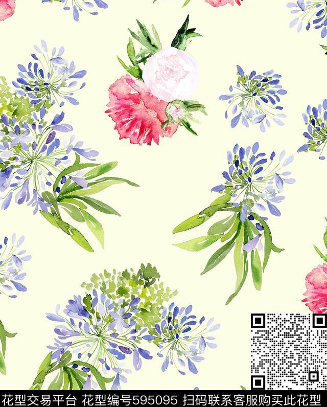 最新时尚中国水彩花卉 - 595095 - 花朵 花卉 水彩 - 数码印花花型 － 女装花型设计 － 瓦栏
