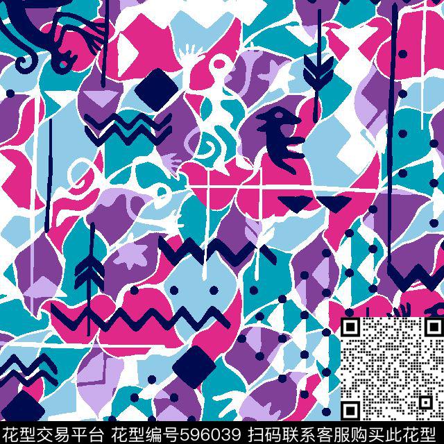 DAF16005.tif - 596039 - 动物 色块迷彩 少数名族 - 传统印花花型 － 泳装花型设计 － 瓦栏