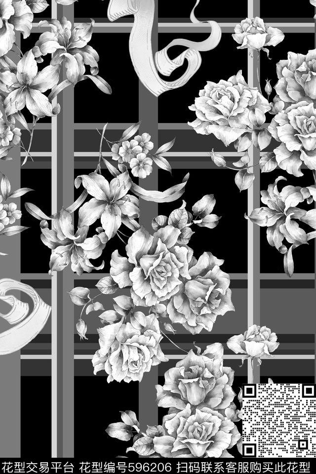 黑白格纹花卉 - 596206 - 手绘花 黑白 飘带 - 数码印花花型 － 女装花型设计 － 瓦栏