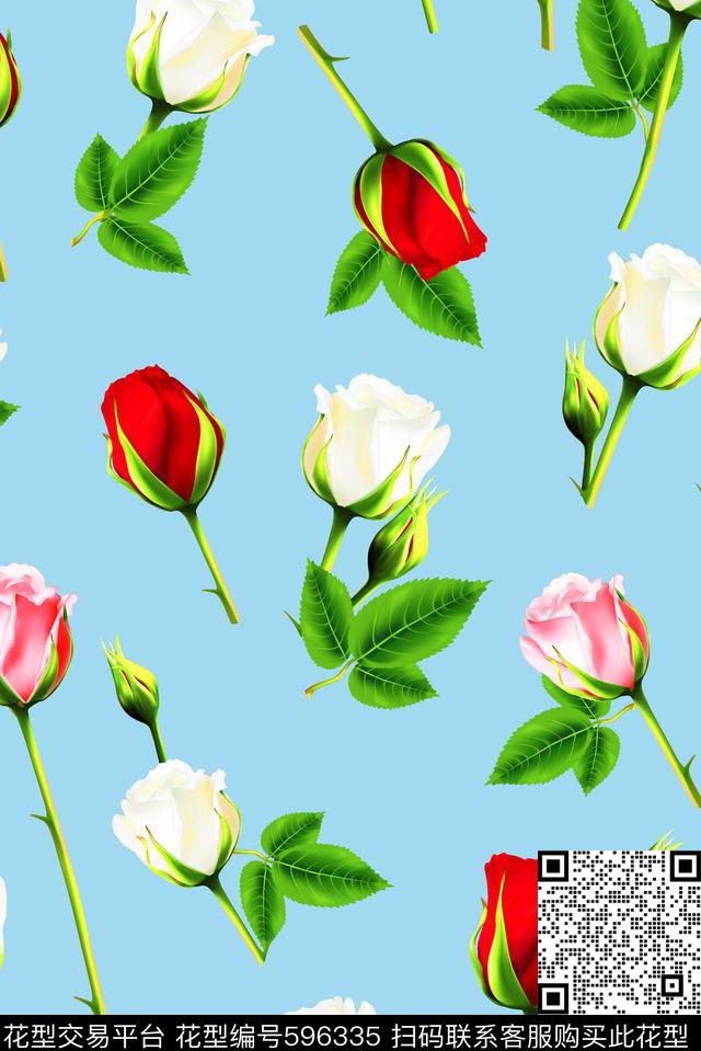 欧美时尚玫瑰花03370d.jpg - 596335 - 最新欧美 清爽花卉 花朵 - 数码印花花型 － 沙发布花型设计 － 瓦栏