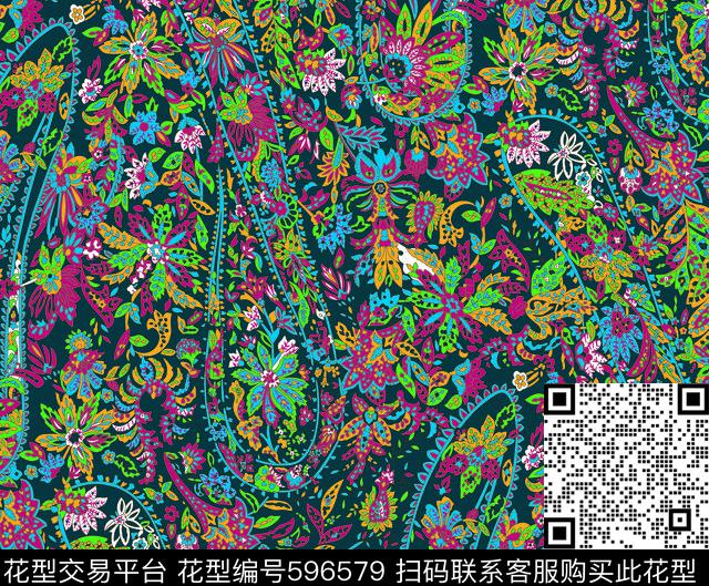 古典抽象彩色线条腰果 - 596579 - 腰果花 古典花 抽象几何花 - 传统印花花型 － 女装花型设计 － 瓦栏