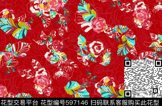 抽象传统印花彩色花叶 - 597146 - 底纹 花朵 腰果花 - 传统印花花型 － 女装花型设计 － 瓦栏