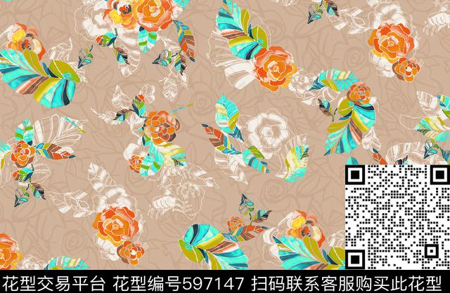 抽象传统印花彩色花叶 - 597147 - 底纹 花朵 腰果花 - 传统印花花型 － 女装花型设计 － 瓦栏