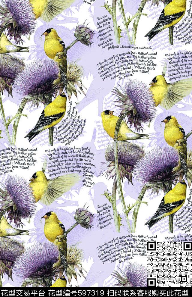 鸟紫花英文字母D&G风格.jpg - 597319 - 花卉 字母 鸟 - 数码印花花型 － 女装花型设计 － 瓦栏