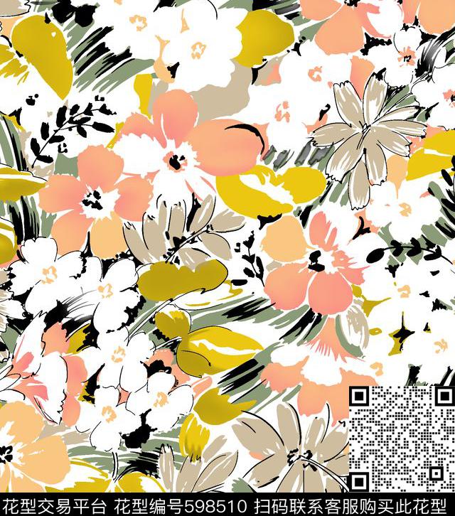 花枝缤纷 - 598510 - 乱花 花卉 手绘 - 数码印花花型 － 女装花型设计 － 瓦栏