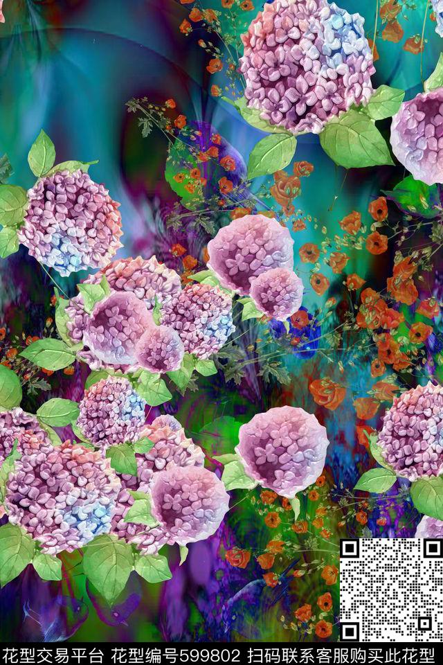 手绘紫丁香女装印花 - 599802 - 大花 中国风 民族风 - 数码印花花型 － 女装花型设计 － 瓦栏
