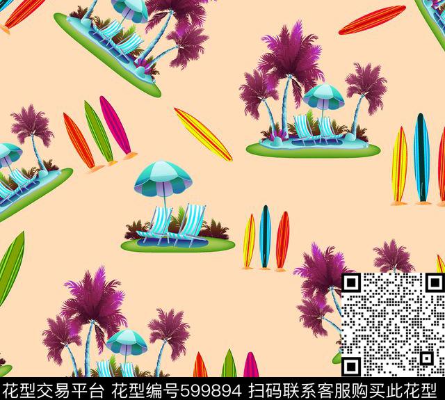 DAF16010.tif - 599894 - 泳装 沙滩裤 椰子树 - 数码印花花型 － 泳装花型设计 － 瓦栏