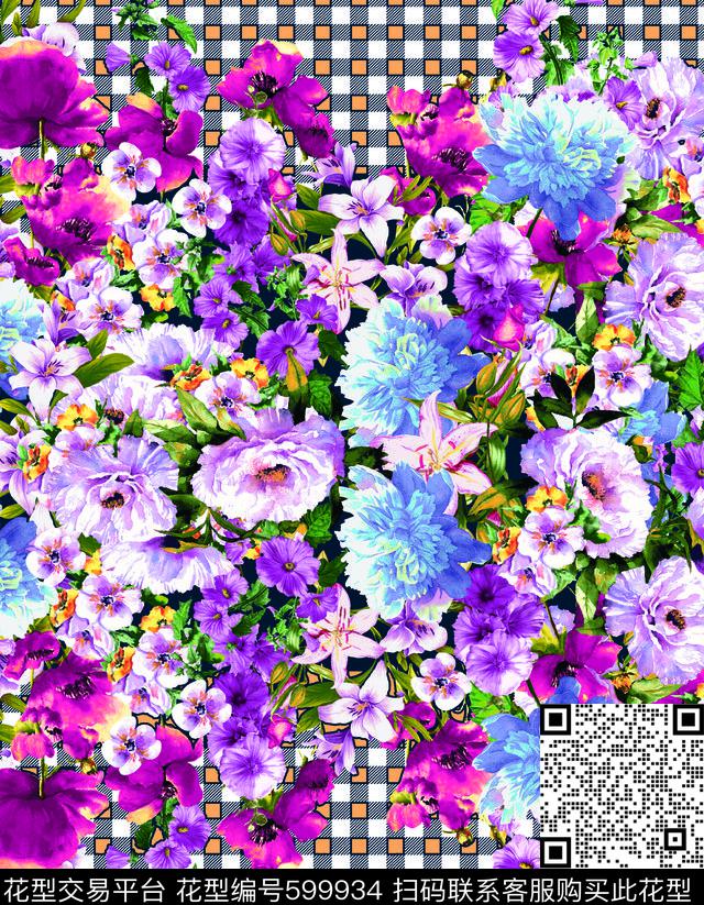 横条花卉格子底 - 599934 - 花卉 格子.条状花卉组合 - 数码印花花型 － 女装花型设计 － 瓦栏