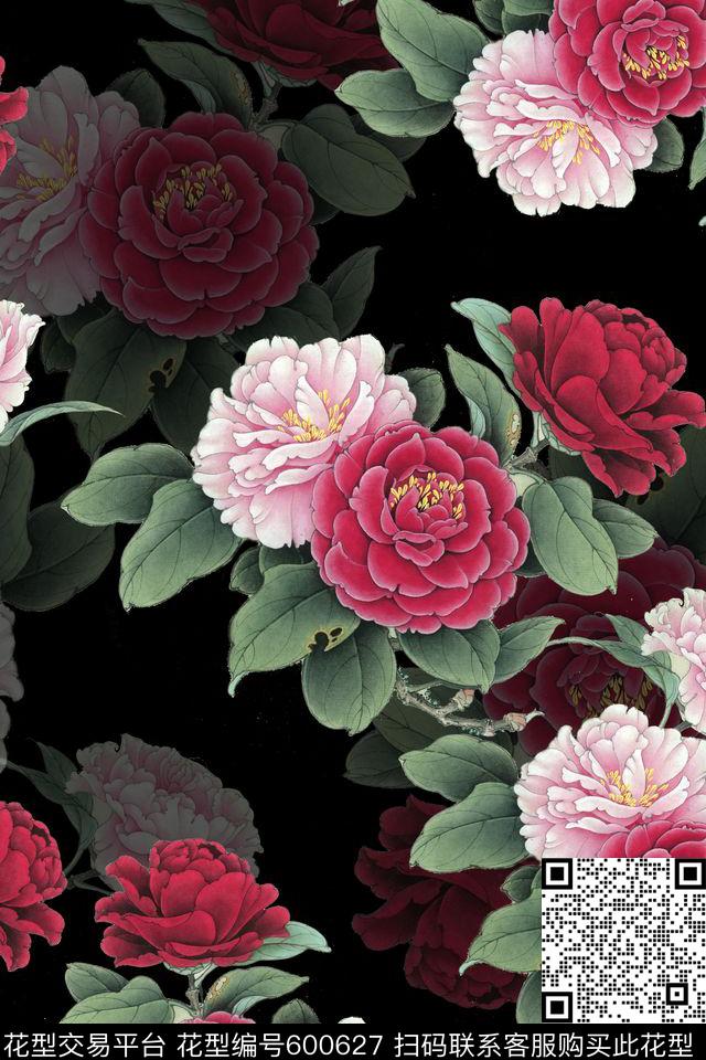 中国风工笔茶花.jpg - 600627 - 复古 茶花 中国风 - 数码印花花型 － 女装花型设计 － 瓦栏