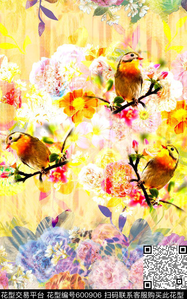 花鸟定位图 - 600906 - 花卉 风景 鸟 - 数码印花花型 － 床品花型设计 － 瓦栏