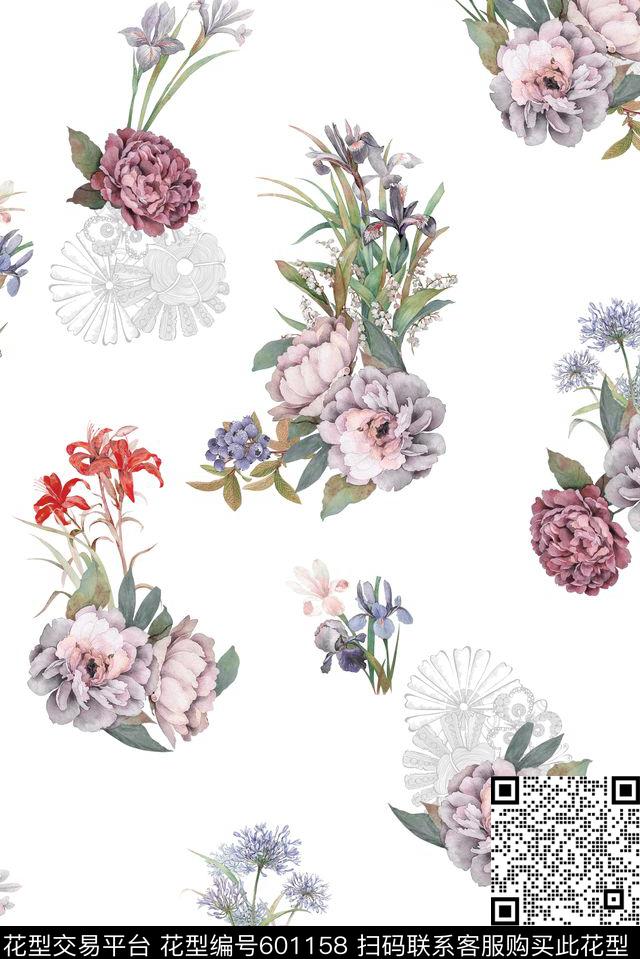 欧式素雅手绘 - 601158 - 小碎花 大花 手绘花卉 - 数码印花花型 － 女装花型设计 － 瓦栏