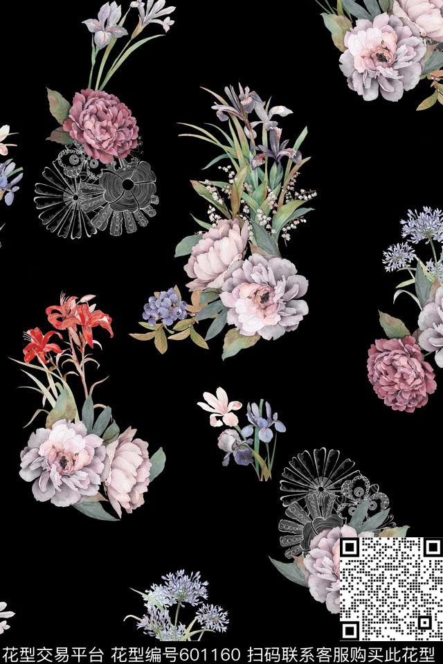 欧式素雅手绘 - 601160 - 小碎花 大花 手绘花卉 - 数码印花花型 － 女装花型设计 － 瓦栏
