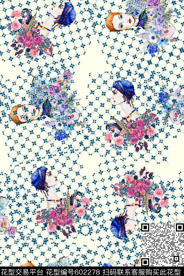花卉人物4.jpg - 602278 - KEW-人物动物 花卉 时装画 - 数码印花花型 － 女装花型设计 － 瓦栏