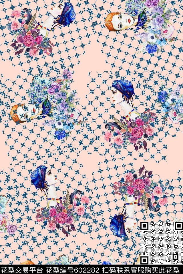 花卉人物4.jpg - 602282 - KEW-人物动物 花卉 时装画 - 数码印花花型 － 女装花型设计 － 瓦栏