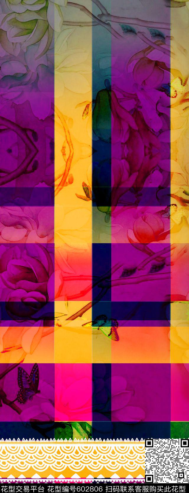 女装数码花卉格子定位组合2.jpg - 602806 - 玉兰花 格子 蕾丝 - 数码印花花型 － 女装花型设计 － 瓦栏