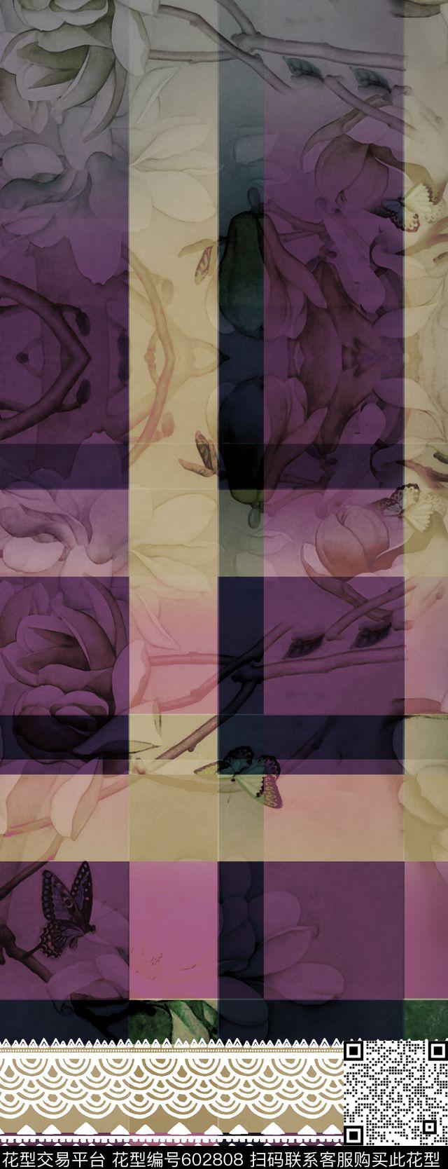 女装数码花卉格子定位组合3.jpg - 602808 - 玉兰花 格子 蕾丝 - 数码印花花型 － 女装花型设计 － 瓦栏