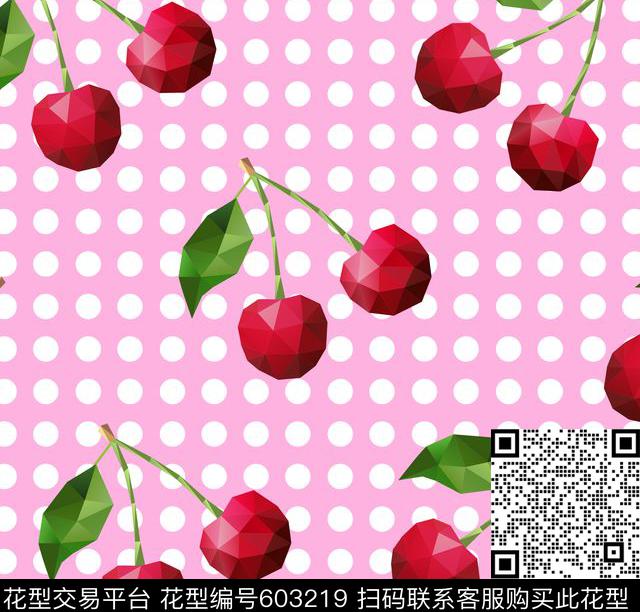 圆点樱桃.jpg - 603219 - 樱桃 可爱 圆点 - 数码印花花型 － 女装花型设计 － 瓦栏