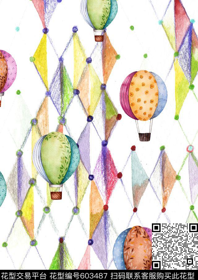彩色热气球.jpg - 603487 - 热气球 波点 三角形 - 数码印花花型 － 童装花型设计 － 瓦栏