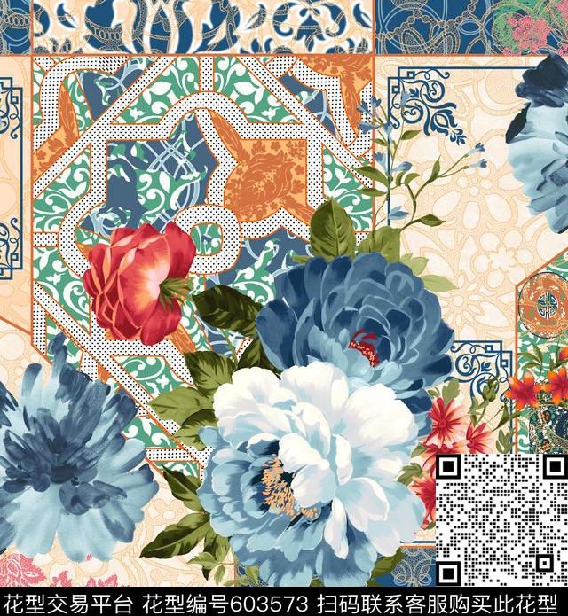 020327a - 603573 - 纹样 几何 花卉 - 数码印花花型 － 床品花型设计 － 瓦栏