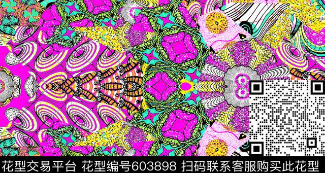 彩色几何乱花-2.tif - 603898 - 水墨花卉 手绘花 抽象花卉 - 传统印花花型 － 女装花型设计 － 瓦栏
