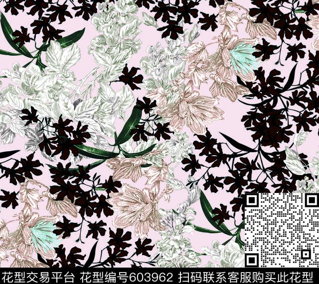 抽象线条花.tif - 603962 - 几何花 手绘花 水墨花卉 - 传统印花花型 － 女装花型设计 － 瓦栏