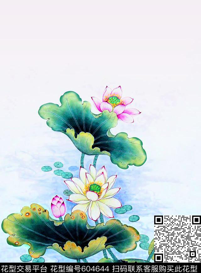 FY-40202.jpg - 604644 - 荷花 山水画 花卉 - 数码印花花型 － 女装花型设计 － 瓦栏