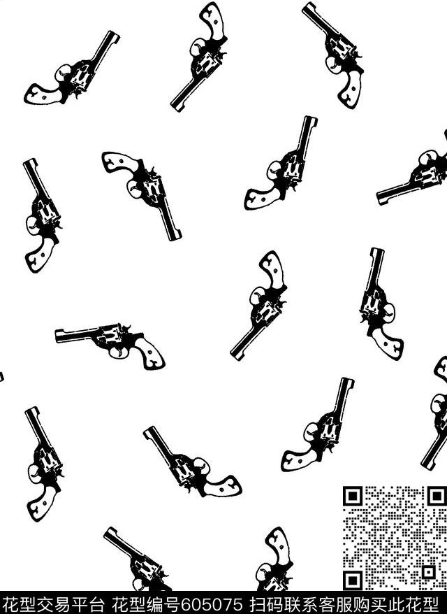 BX153-33白底.jpg - 605075 - 满版 手枪 黑白 - 传统印花花型 － 女装花型设计 － 瓦栏