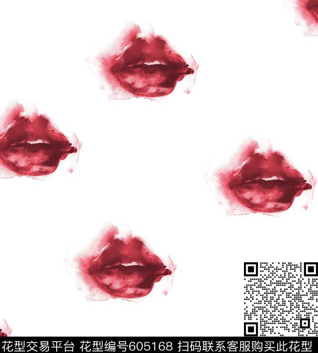 口红.tif - 605168 - 嘴唇 水彩 - 数码印花花型 － 女装花型设计 － 瓦栏
