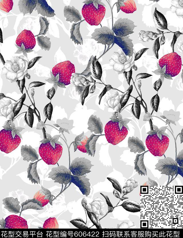 刺绣草莓花茶花年轻D&G.jpg - 606422 - 草莓 水果 刺绣 - 数码印花花型 － 女装花型设计 － 瓦栏