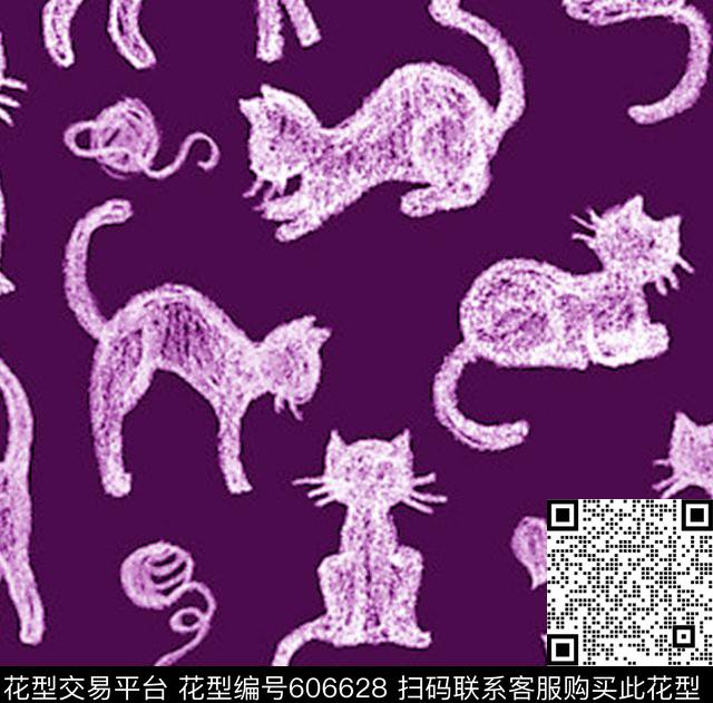 ES0215.jpg - 606628 - 卡通趣味花型 手绘粉笔画感觉小猫花型 - 传统印花花型 － 女装花型设计 － 瓦栏