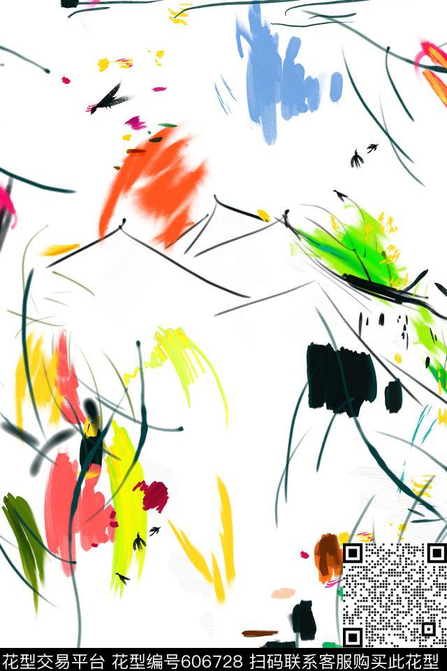 中国风水墨油画结合女装面料花型.jpg - 606728 - 手绘 中国风 水墨 - 数码印花花型 － 女装花型设计 － 瓦栏
